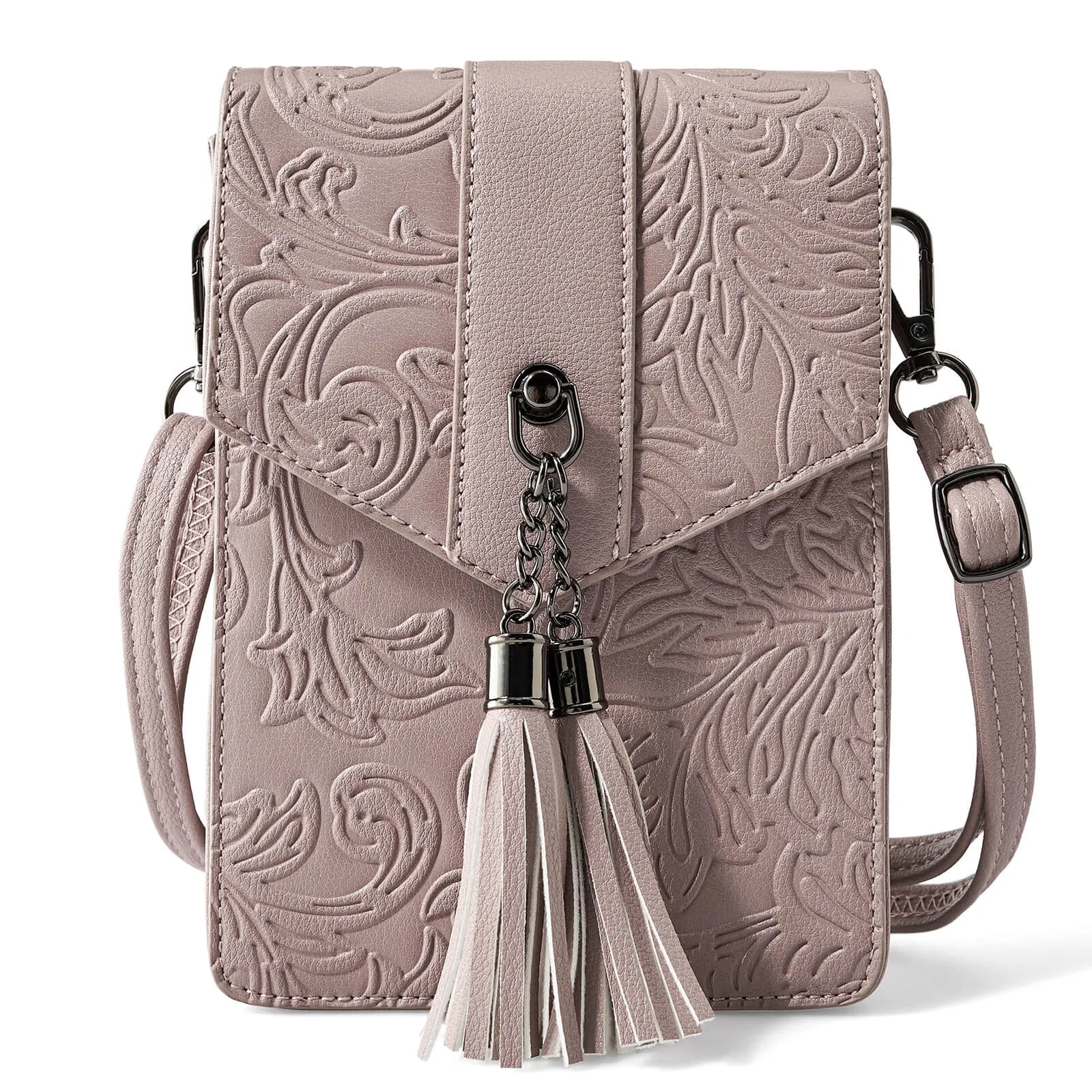 Fringe decorated orchid embossed Shoulder Bag