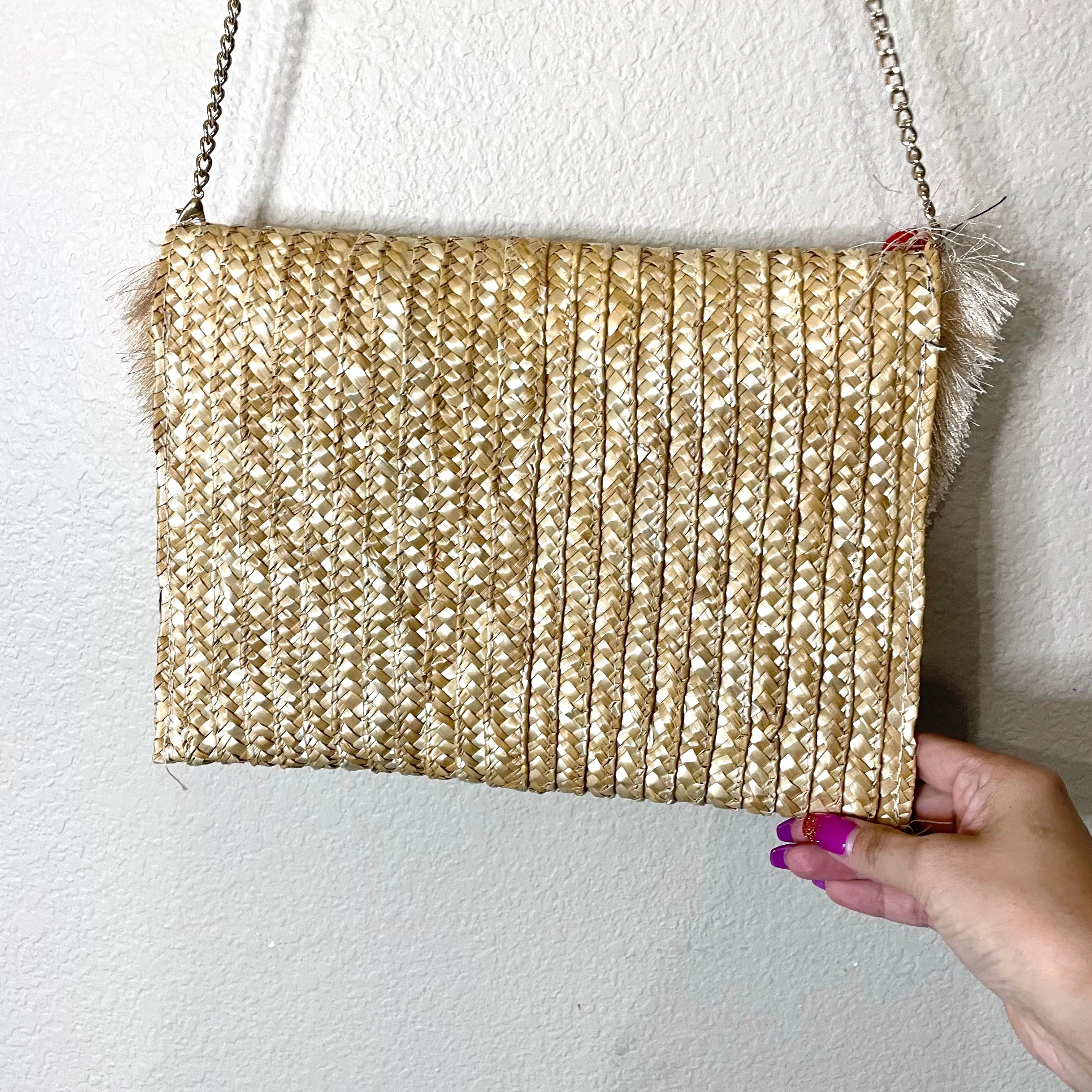 Fringe Pom Pom Straw Purse