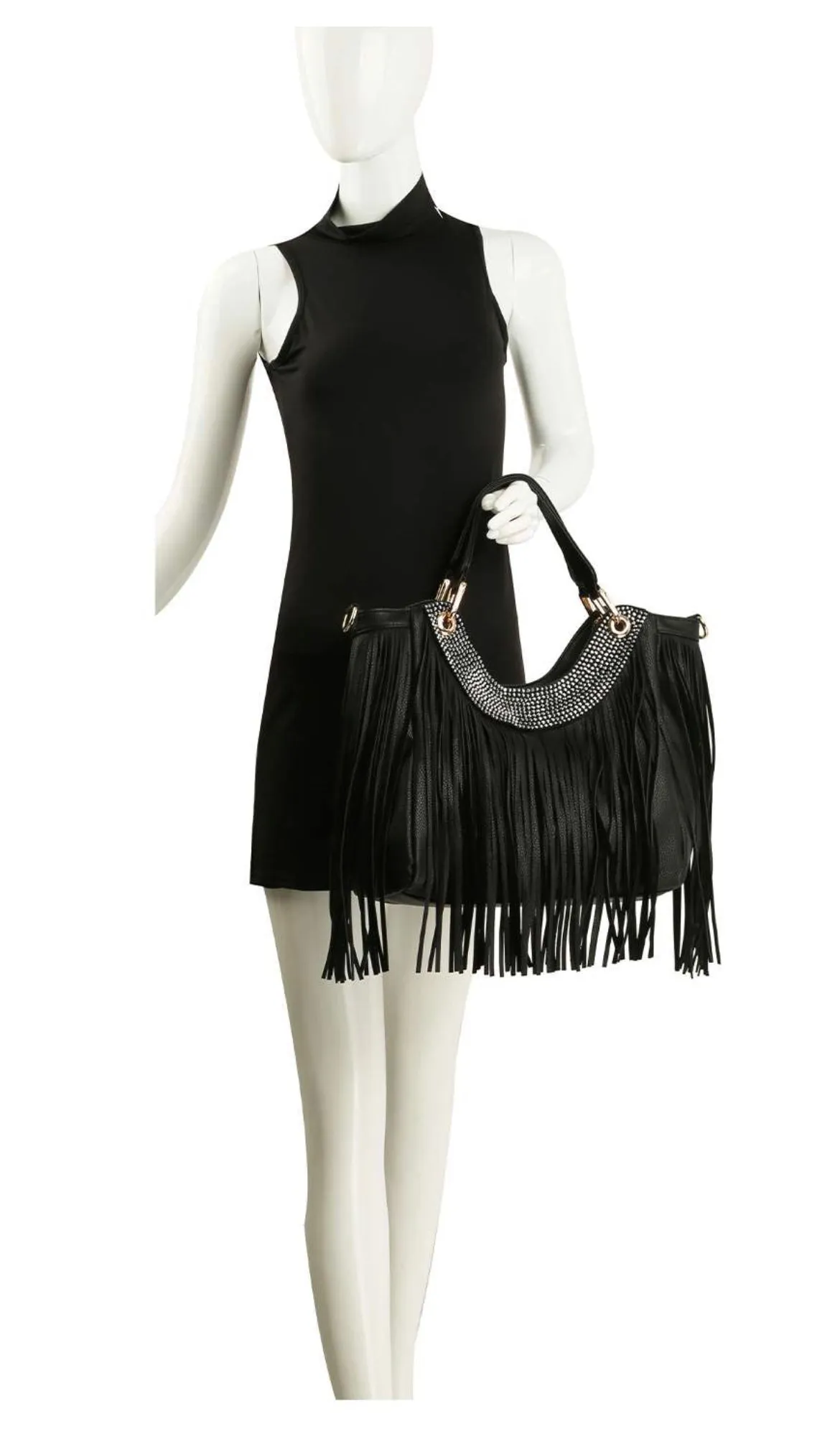 Fringed Rhinestone Accented Handbag - Black