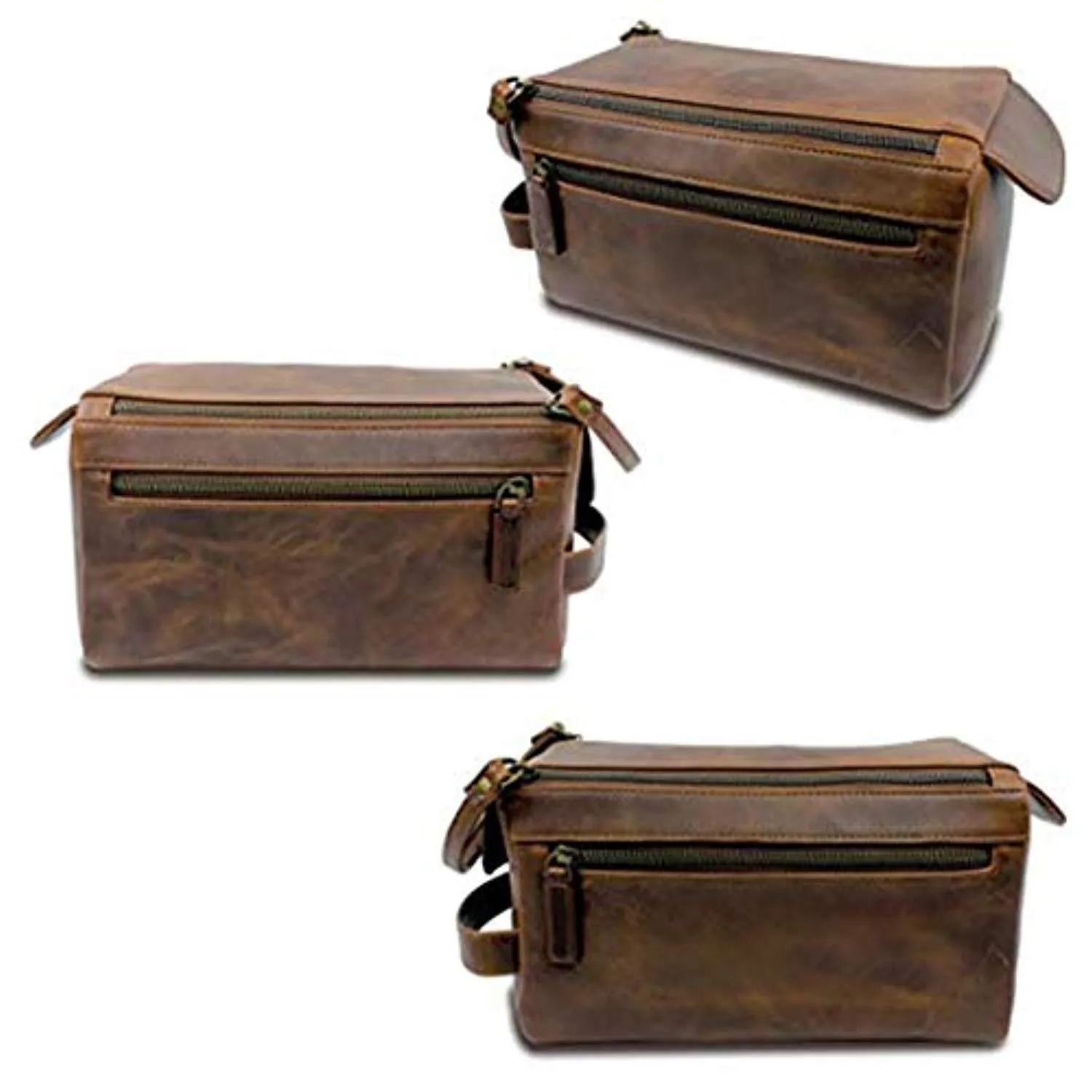 Genuine Buffalo Leather Unisex Toiletry Bag Travel Dopp Kit Grooming and Shaving Kit for Men Women