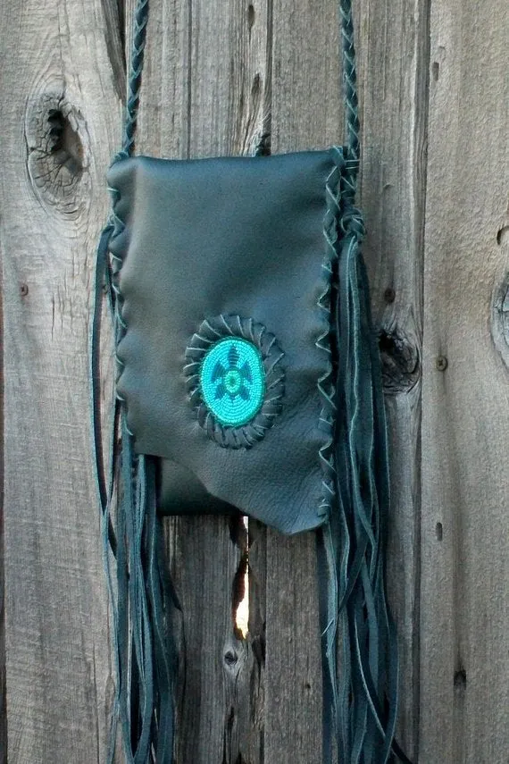 Green leather bag , Fringed leather purse with a beaded turtle , Fringed crossbody leather phone bag