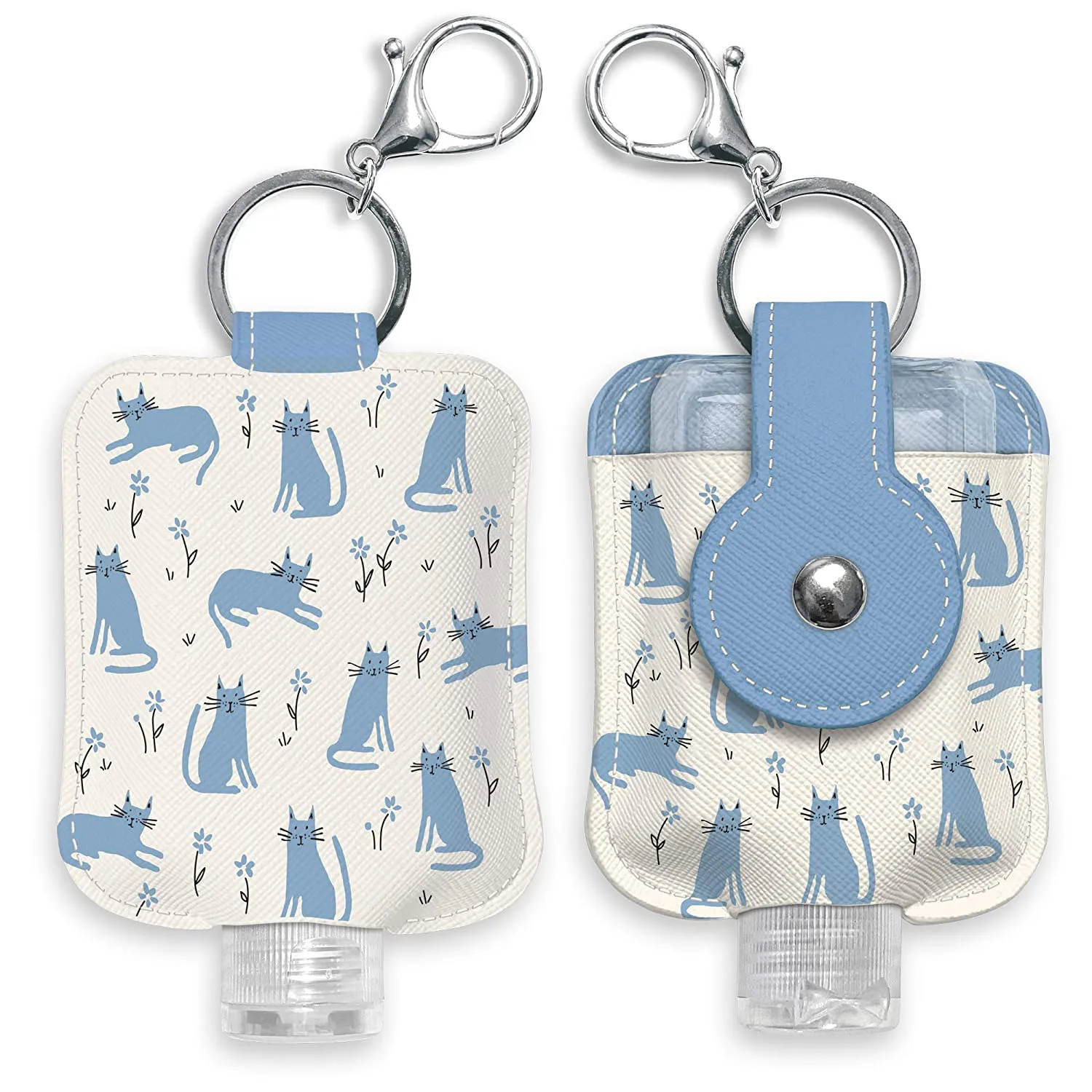 Hand Sanitizer Holder with Travel Bottle by Studio Oh! - Refillable Mini Bottle in Blue Cats Portable Keychain Holder Keeps Hands Clean & Germ-Free