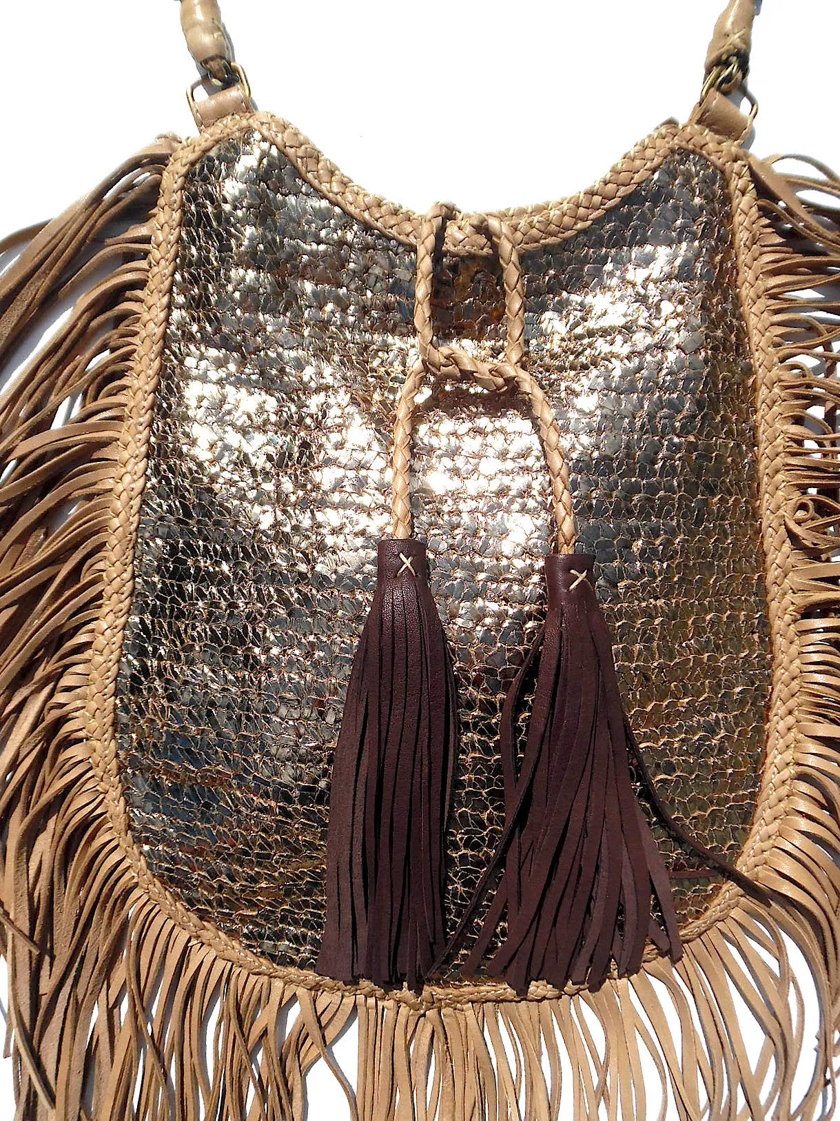 Hand Woven Leather Shoulder Cross Body Bag with Contrast Tassel