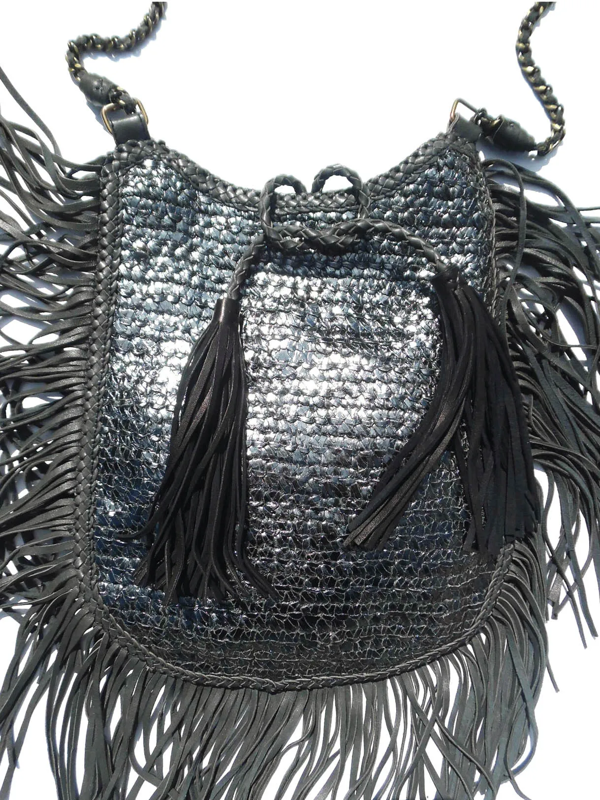 Hand Woven Leather Shoulder Cross Body Bag with Contrast Tassel