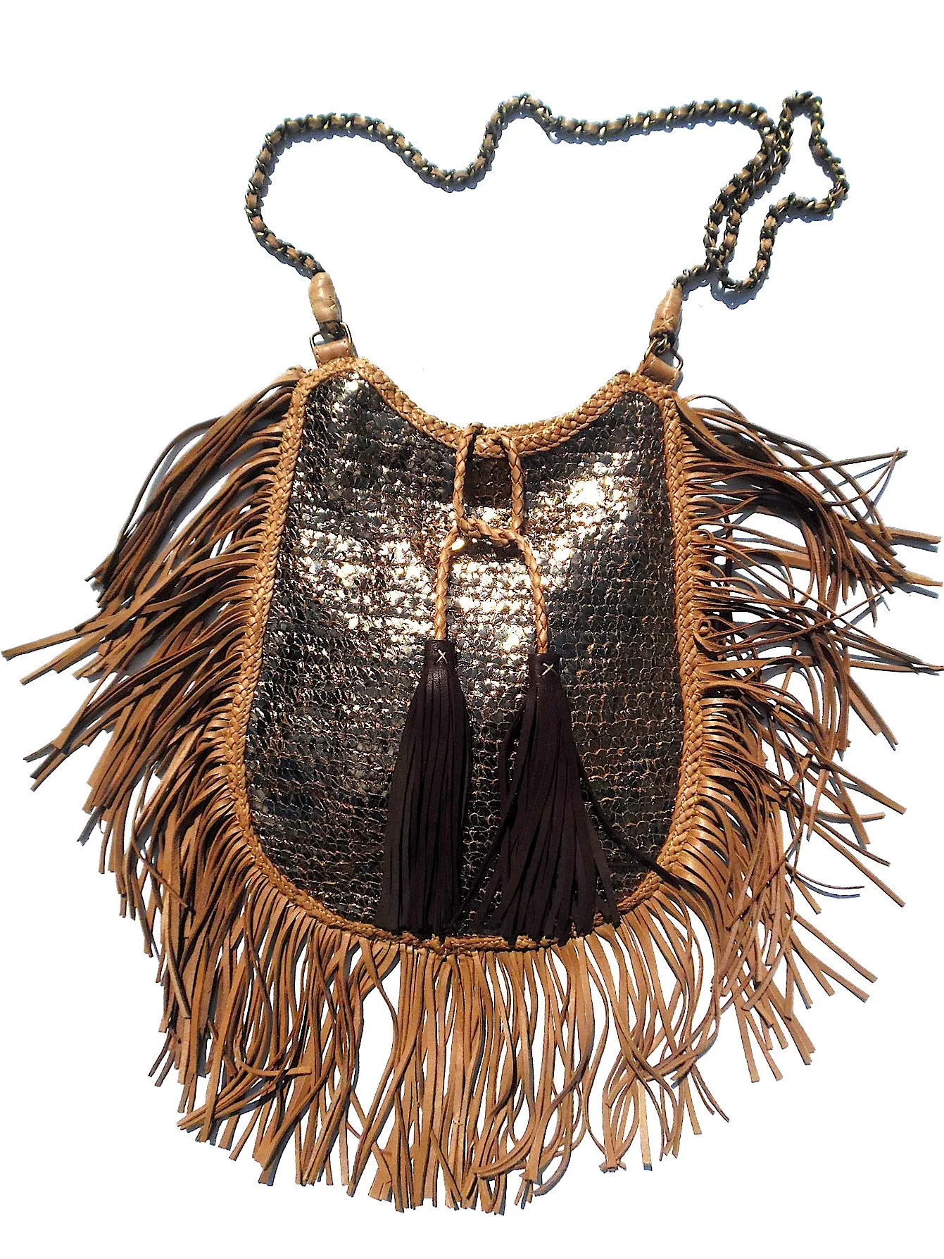 Hand Woven Leather Shoulder Cross Body Bag with Contrast Tassel