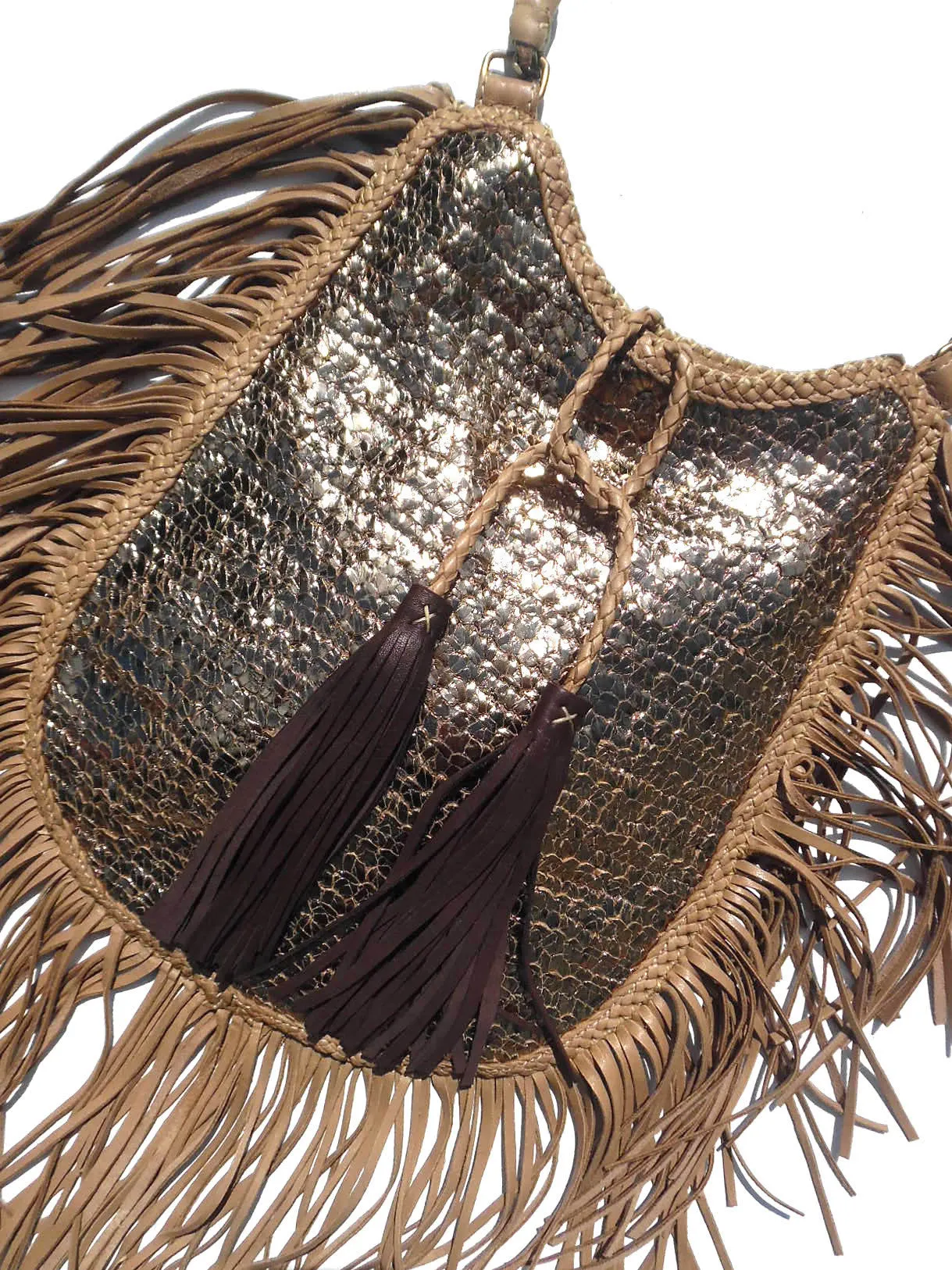 Hand Woven Leather Shoulder Cross Body Bag with Contrast Tassel