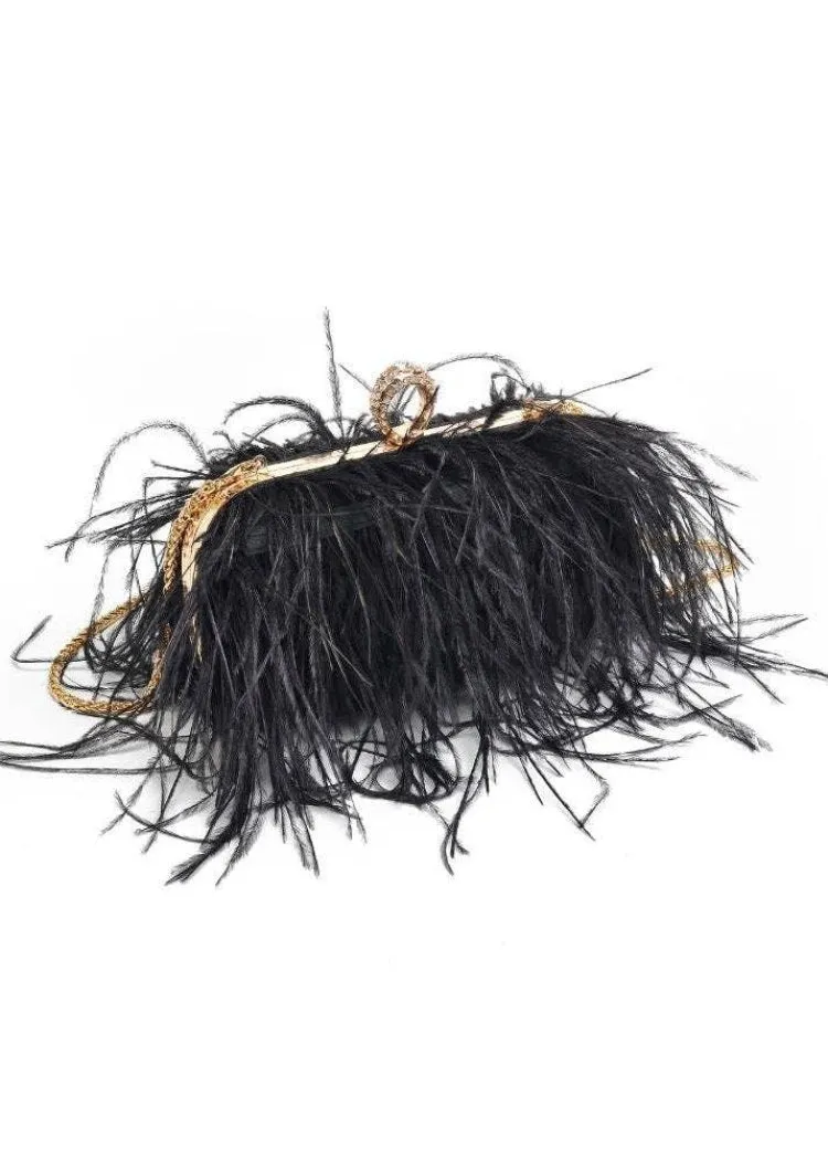 Harlow Feather Evening Bag: Black