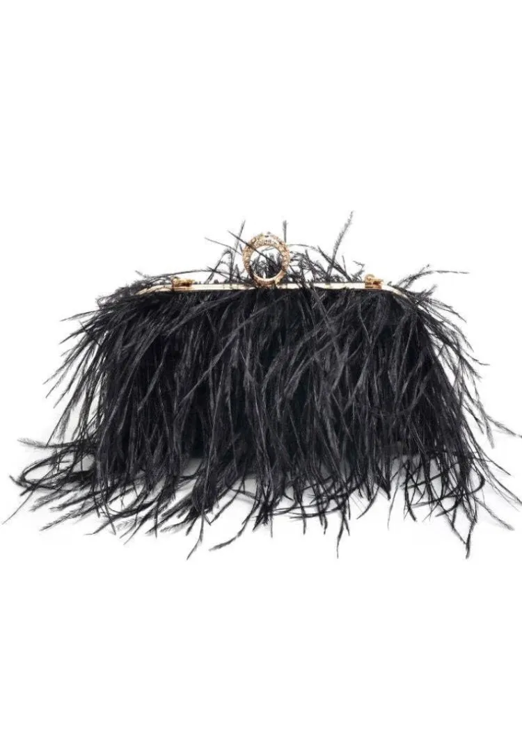 Harlow Feather Evening Bag: Black