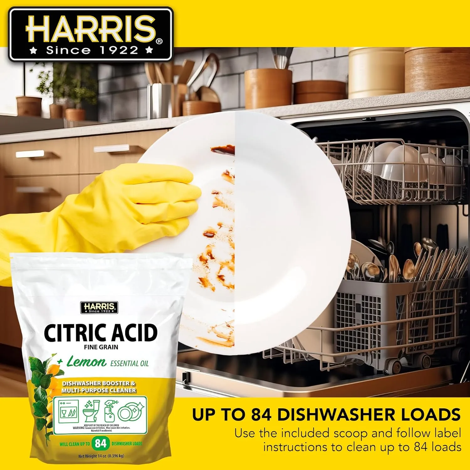 Harris Citric Acid Dishwasher Booster and Multipurpose Cleaner, 14oz, Cleans 84 Dishwasher Loads, with Scoop Included