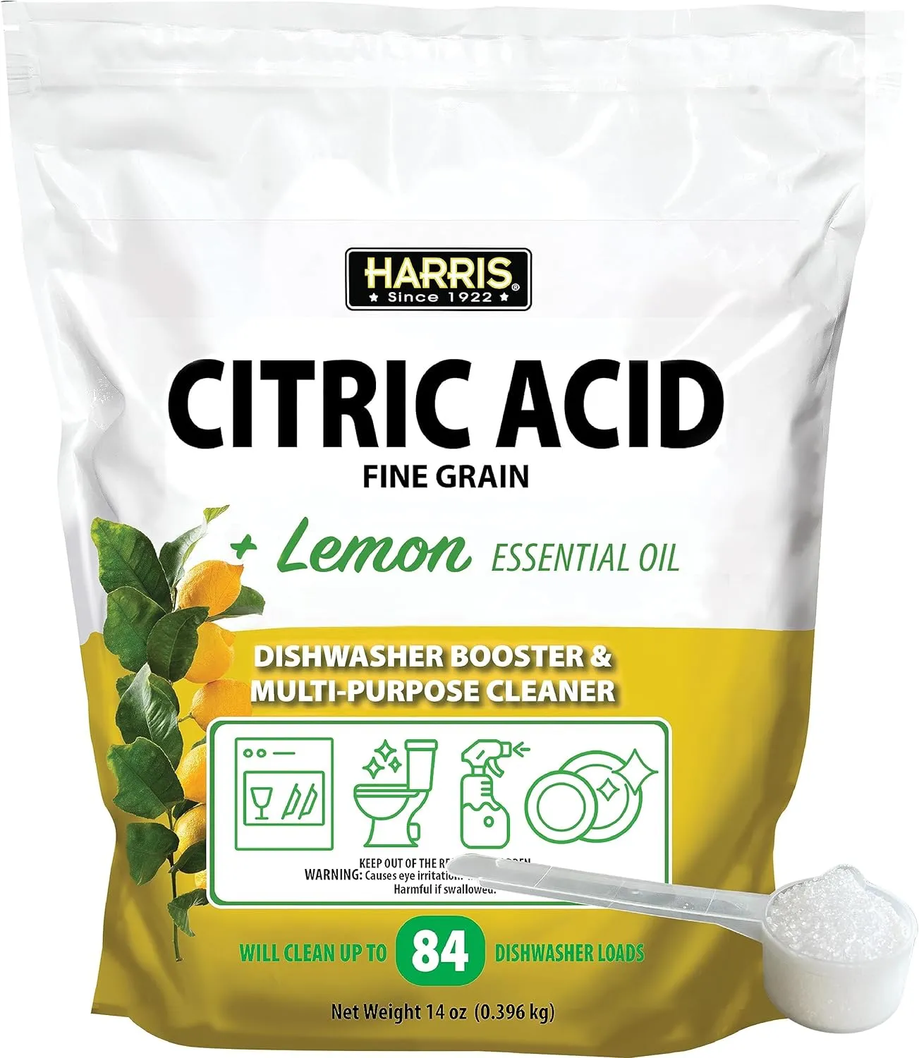 Harris Citric Acid Dishwasher Booster and Multipurpose Cleaner, 14oz, Cleans 84 Dishwasher Loads, with Scoop Included