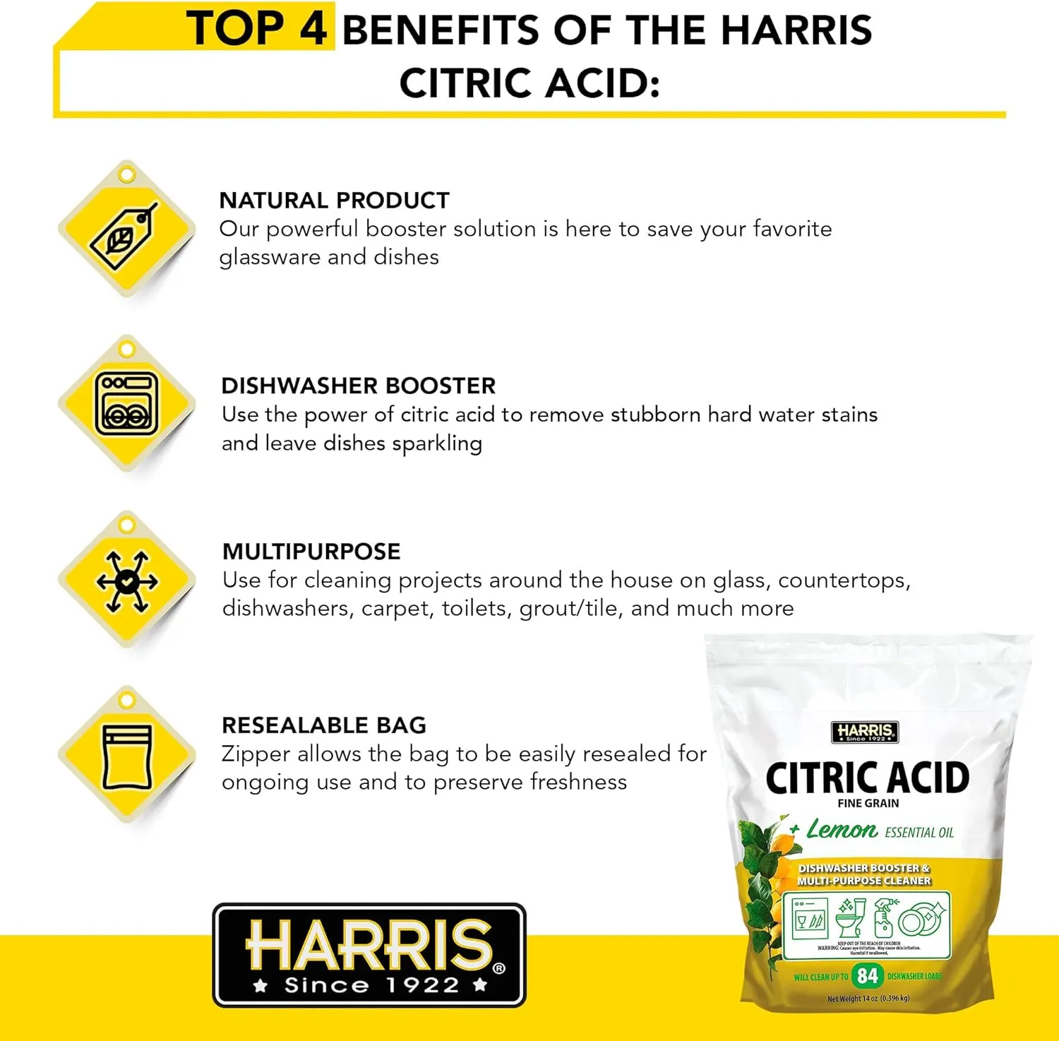 Harris Citric Acid Dishwasher Booster and Multipurpose Cleaner, 14oz, Cleans 84 Dishwasher Loads, with Scoop Included