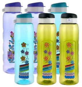 Heart Home Unbreakable BPA & Leak Free Plastic Water Bottle With Sipper- 1 Litre, Pack of 6 (Pruple & Sky Blue & Green)