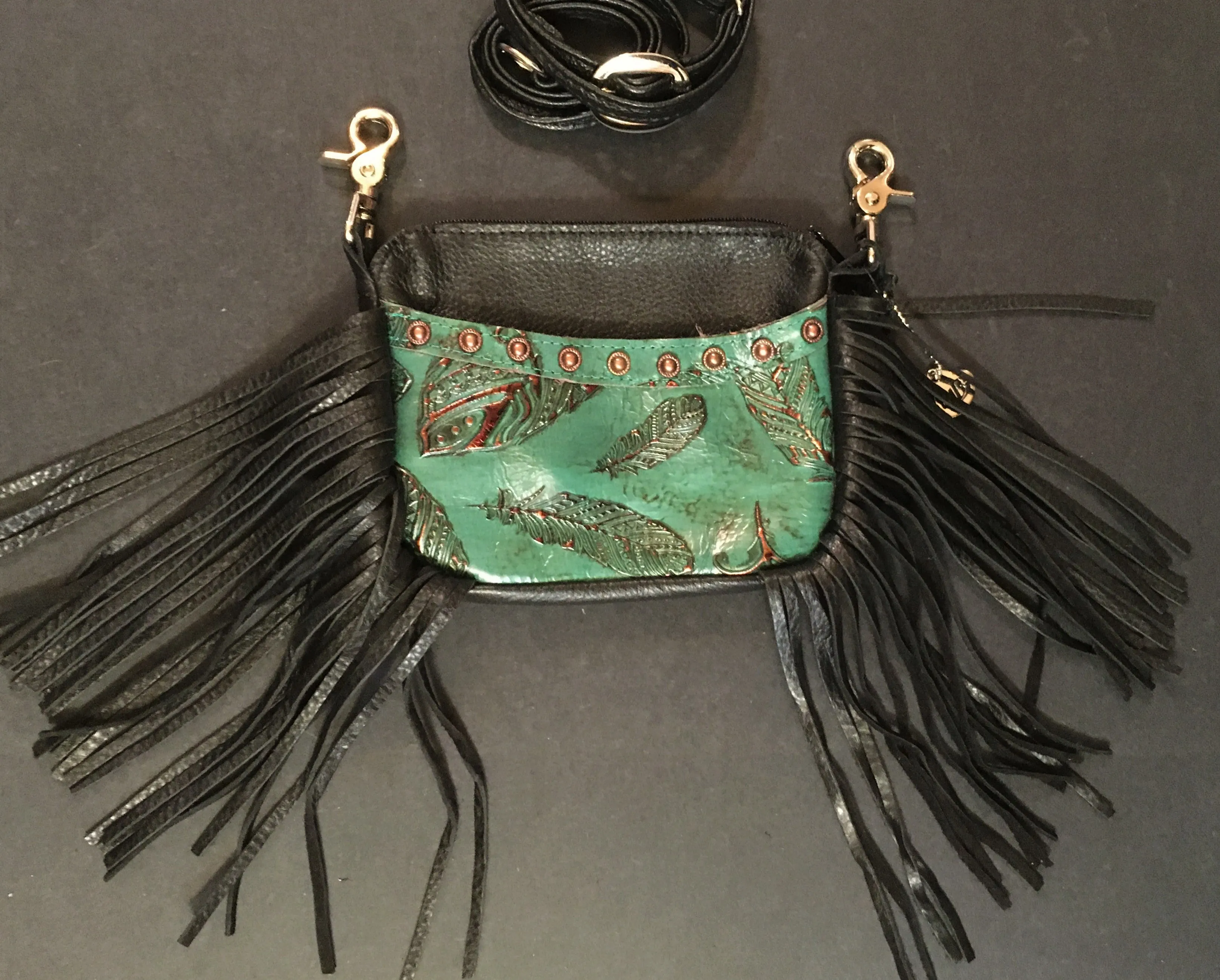 Hip Bag Side Cellphone Jade Feather Print Fringe