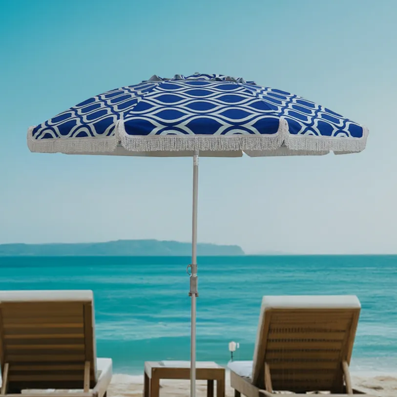 Hollie & Harrie Classic Fringe 210cm Canvas Beach Umbrella - Moroccan Blue