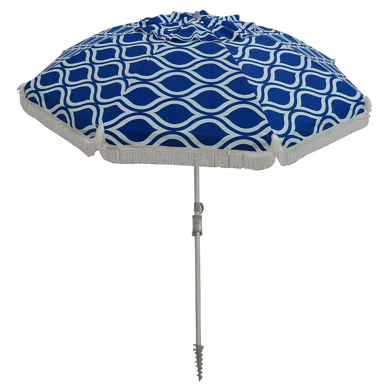 Hollie & Harrie Classic Fringe 210cm Canvas Beach Umbrella - Moroccan Blue