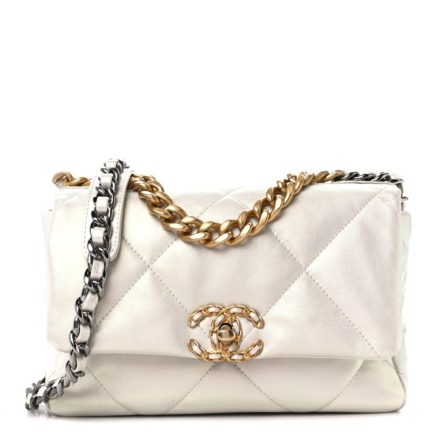 Iridescent Calfskin Quilted Medium Flap White