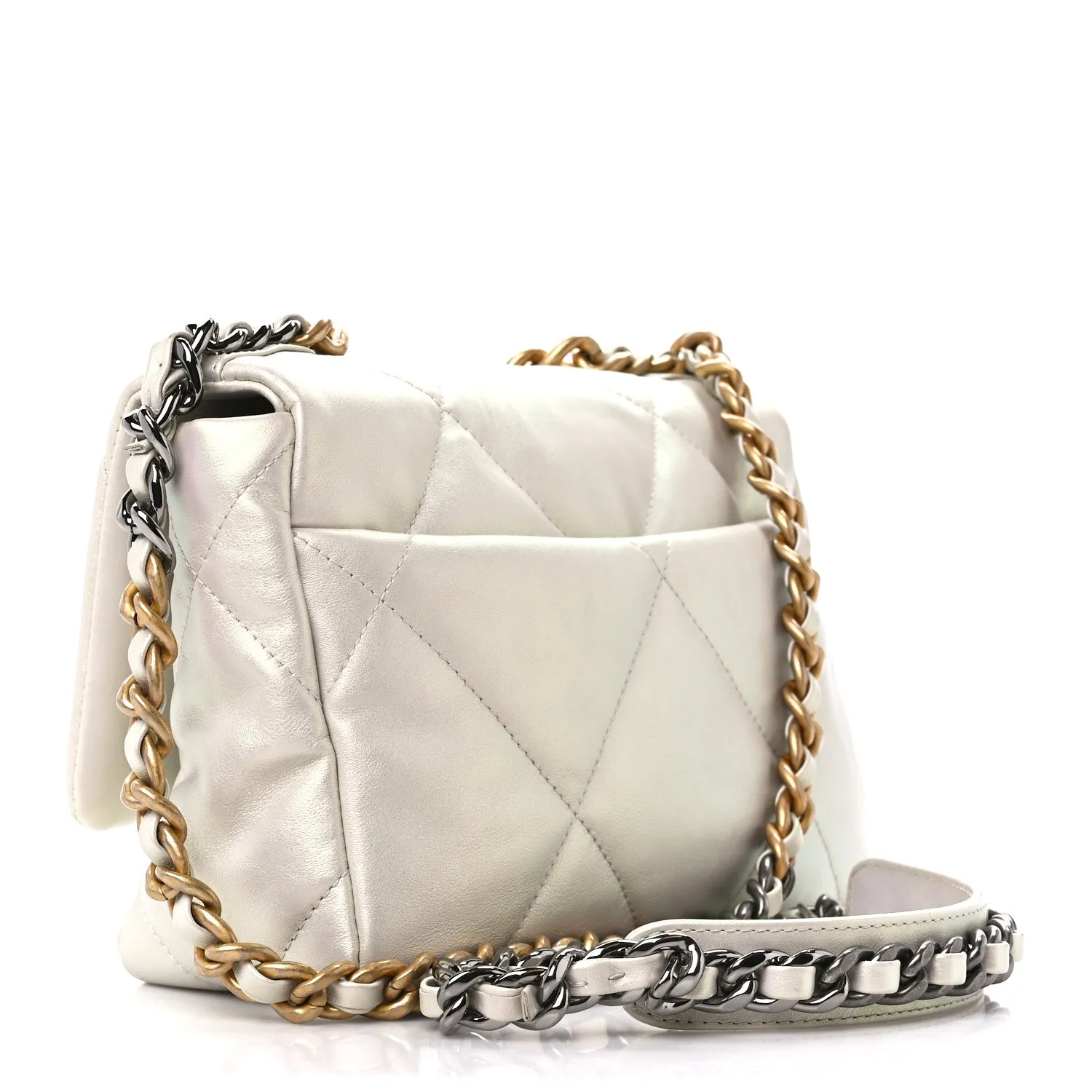 Iridescent Calfskin Quilted Medium Flap White