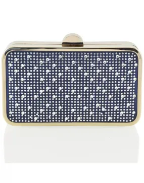 JASMINE CHROME PLATED DETAIL CLASP DIAMANTE CLUTCH EVENING BAG IN NAVY SATIN