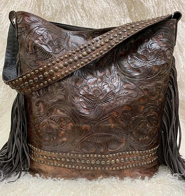 Juan Antonio Tooled Dark Brown Shoulder Bag