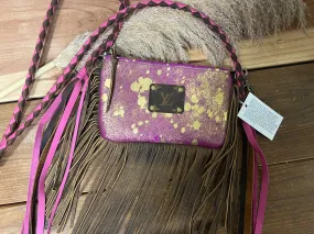 Keep It Gypsy Pop Of Color Braided Strap Fringe Crossbody - Gold Acid/Pink