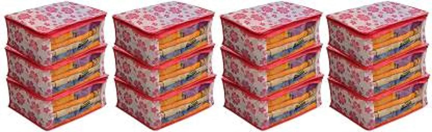 Kuber Industries 12 Pieces Floral Design Non Woven Saree Cover Set, Pink (NEWS15_1)