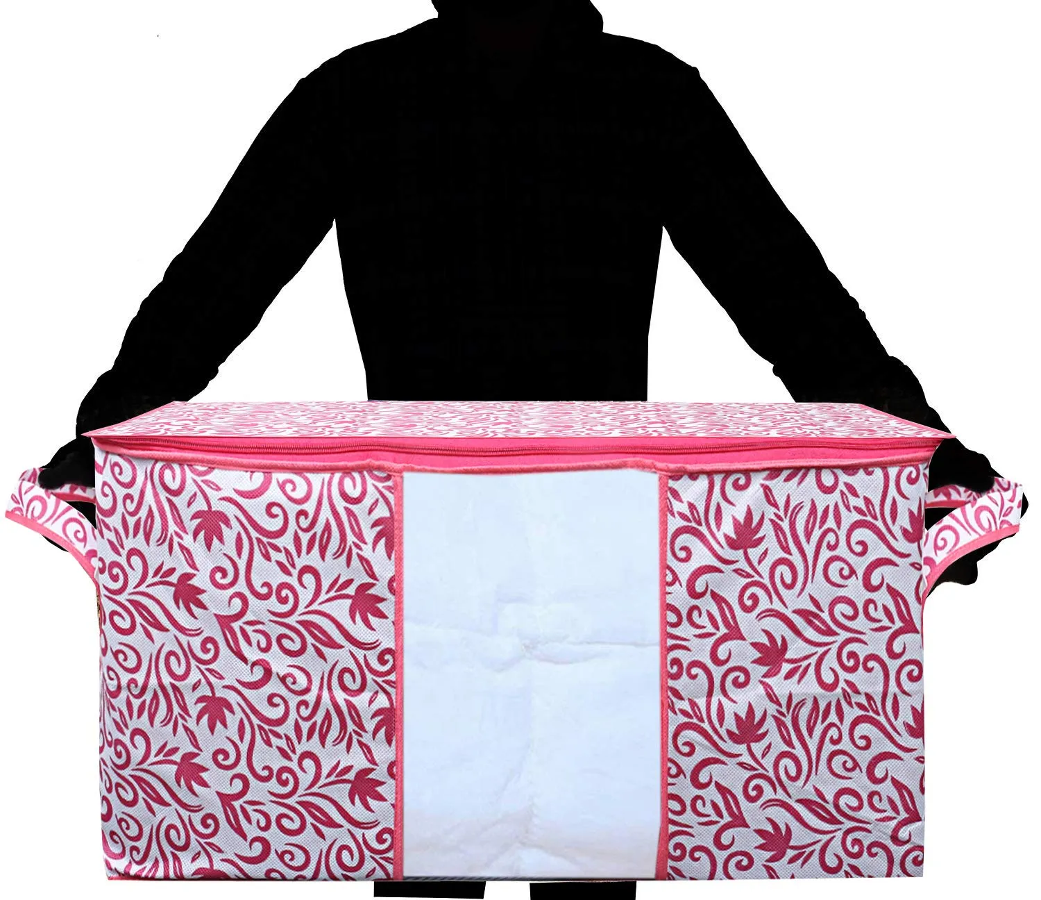 Kuber Industries Leaf Design Non Woven 2 Pieces Underbed Storage Bag, Storage Organiser, Blanket Cover (Pink) -CTKTC021201