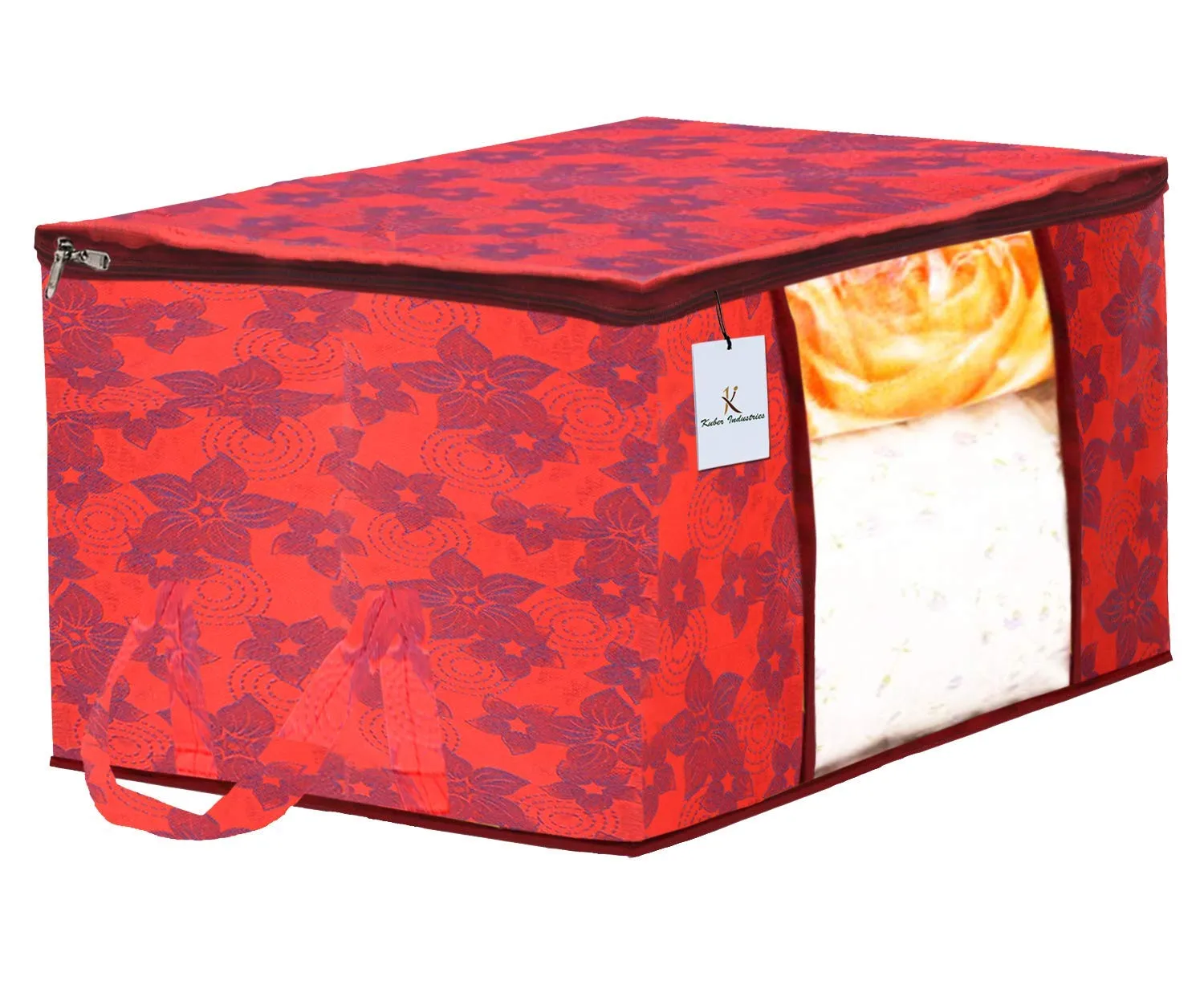 Kuber Industries Metalic Printed 4 Piece Non Woven Saree Cover And 4 Pieces Underbed Storage Bag, Storage Organiser, Blanket Cover, Beige & Red -CTKTC42422