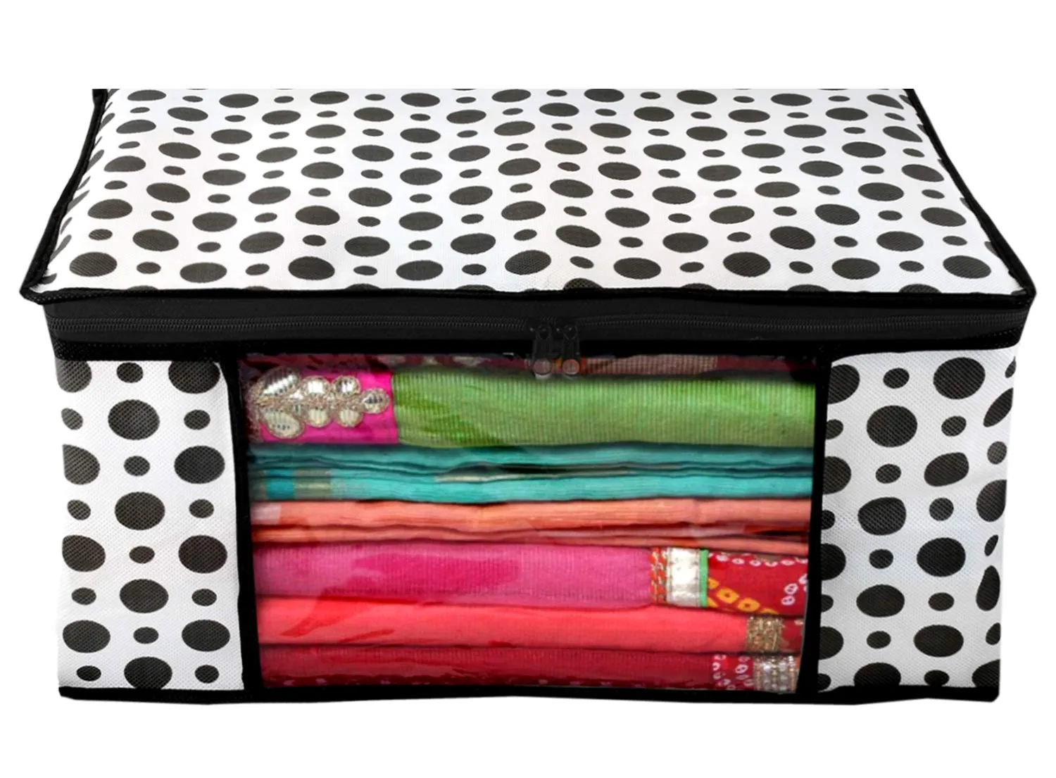 Kuber Industries Polka Dots Design 6 Piece Non Woven Saree Cover and 6 Pieces Underbed Storage Bag, Storage Organiser, Blanket Cover (Black & White) -CTKTC38126