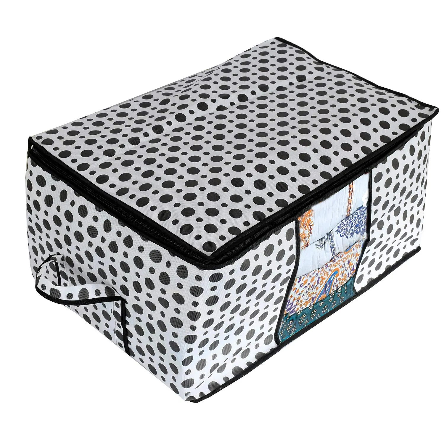 Kuber Industries Polka Dots Design Non Woven 3 Pieces Underbed Storage Bag, Cloth Organiser, Blanket Cover with Transparent Window (Black & White) - CTKTC038102