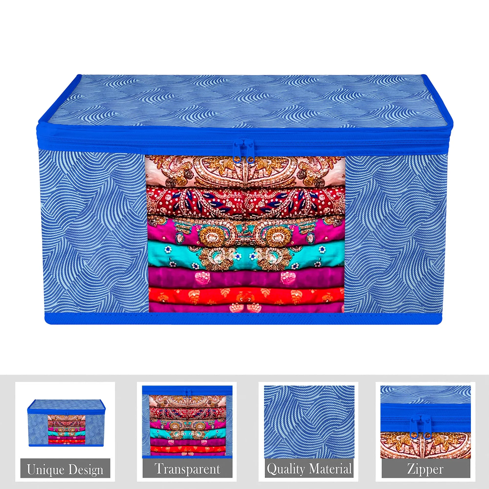 Kuber Industries Saree Cover & Underbed Stoarge Bag Set | 3 Pieces Saree & 3 Pieces Underbed Storage Bag Combo Set | Zipper Closure & Handle | Lahariya-Design | Set of 6 | Blue