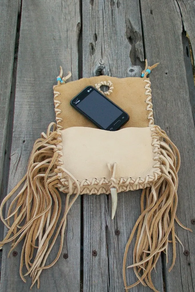 Leather clutch with fringe , handmade leather clutch