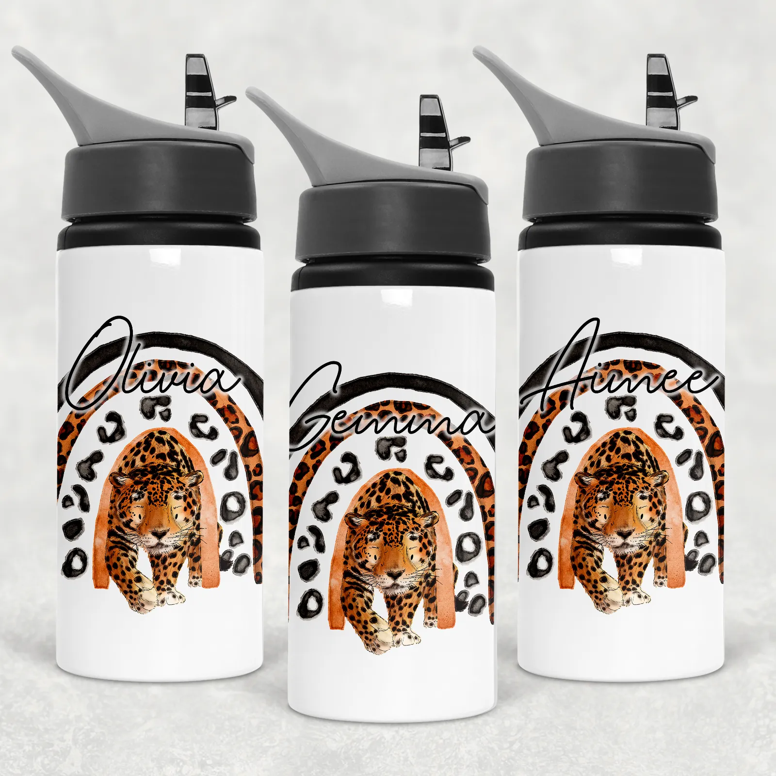 Leopard Rainbow Personalised Aluminium Straw Water Bottle 650ml