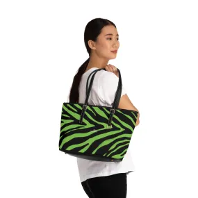 Lime Green Zebra Tote Bag, Animal Print PU Leather Shoulder Hand Work Bag 17"x11"/ 16"x10" For Ladies