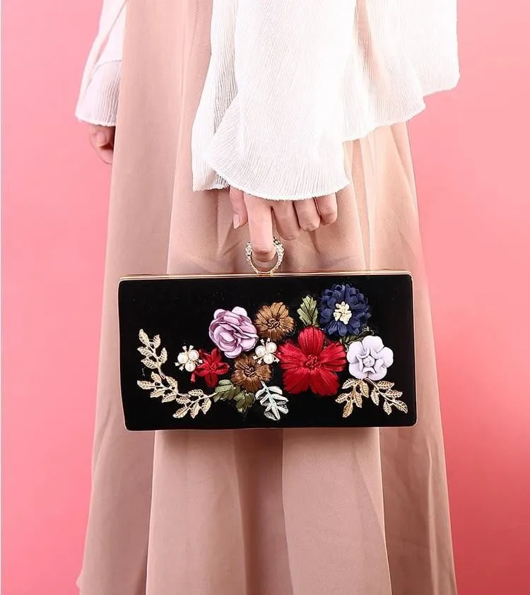 Luxy Moon Black Evening Clutch Bags Handmade Embroidery Flower