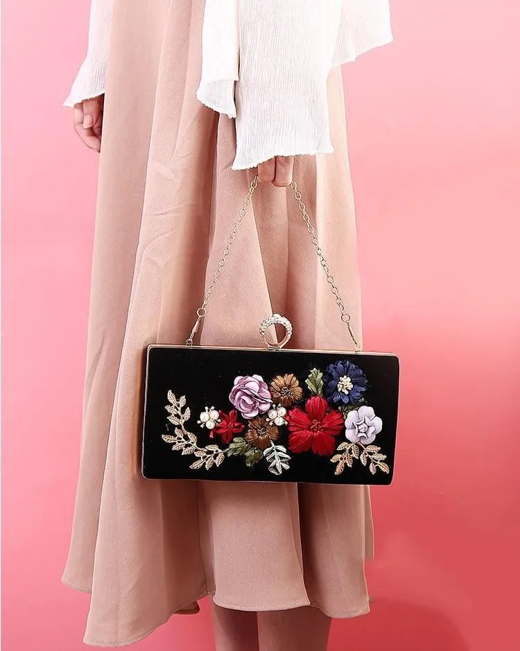 Luxy Moon Black Evening Clutch Bags Handmade Embroidery Flower