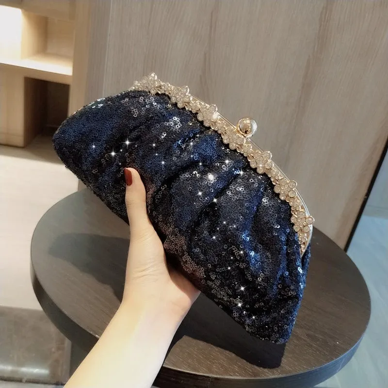 Luxy Moon Navy Sequined Rhinestone Evening Clutch Bag