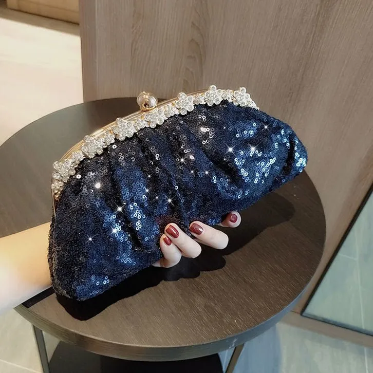 Luxy Moon Navy Sequined Rhinestone Evening Clutch Bag