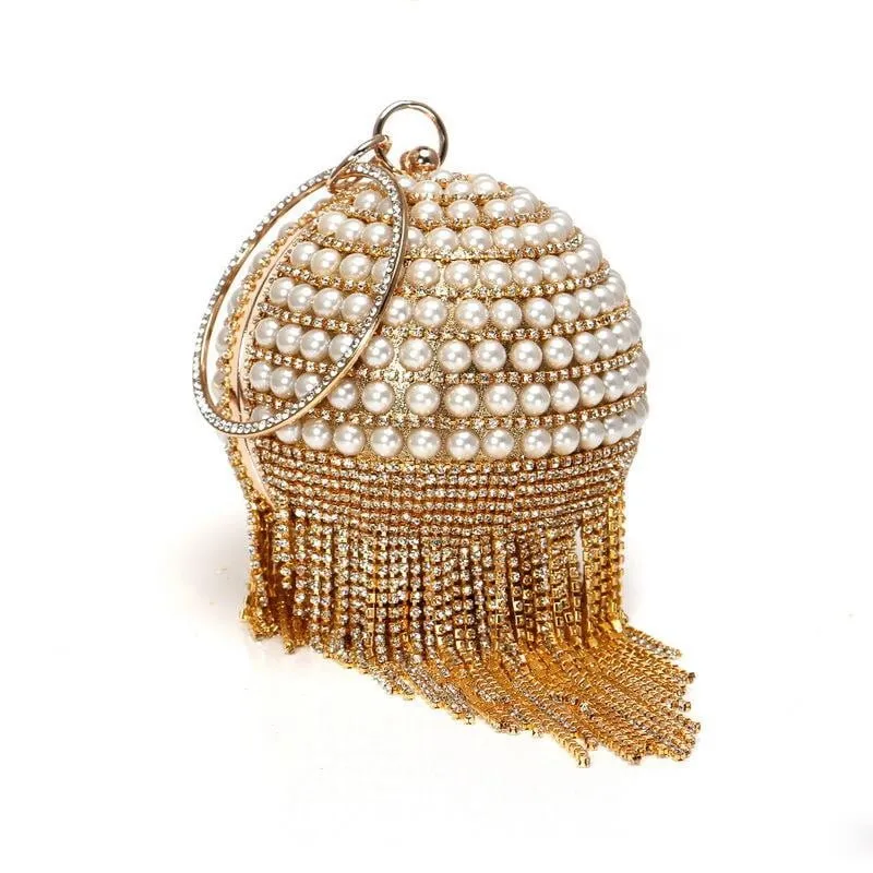 Luxy Moon Round Evening Bag Diamonds Pearl Tassel Clutch