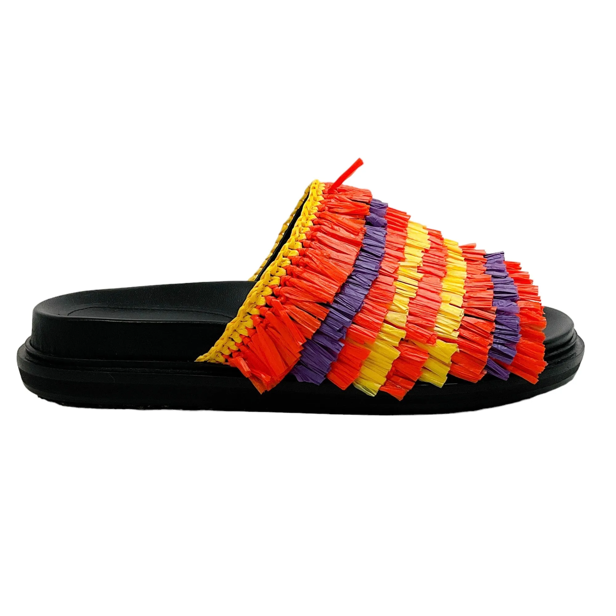 Marni Orange Multi Raffia Fringe Slide Sandals