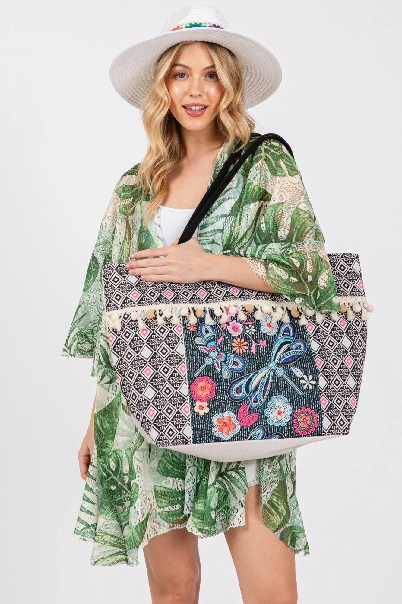 MB0248 Romina Boho Dragonfly Print Tassel Tote Bag