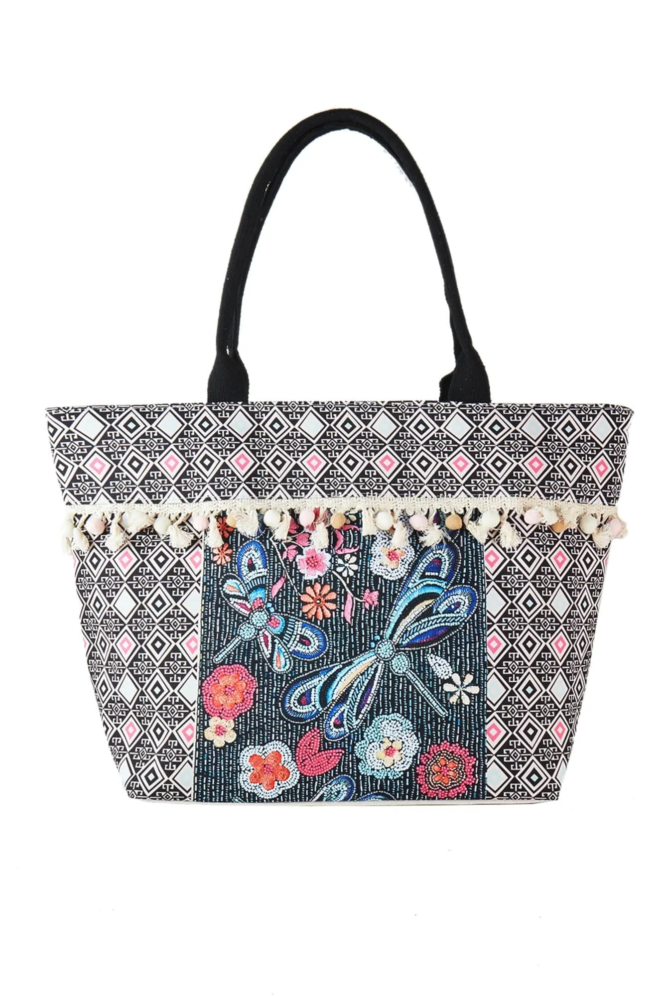 MB0248 Romina Boho Dragonfly Print Tassel Tote Bag