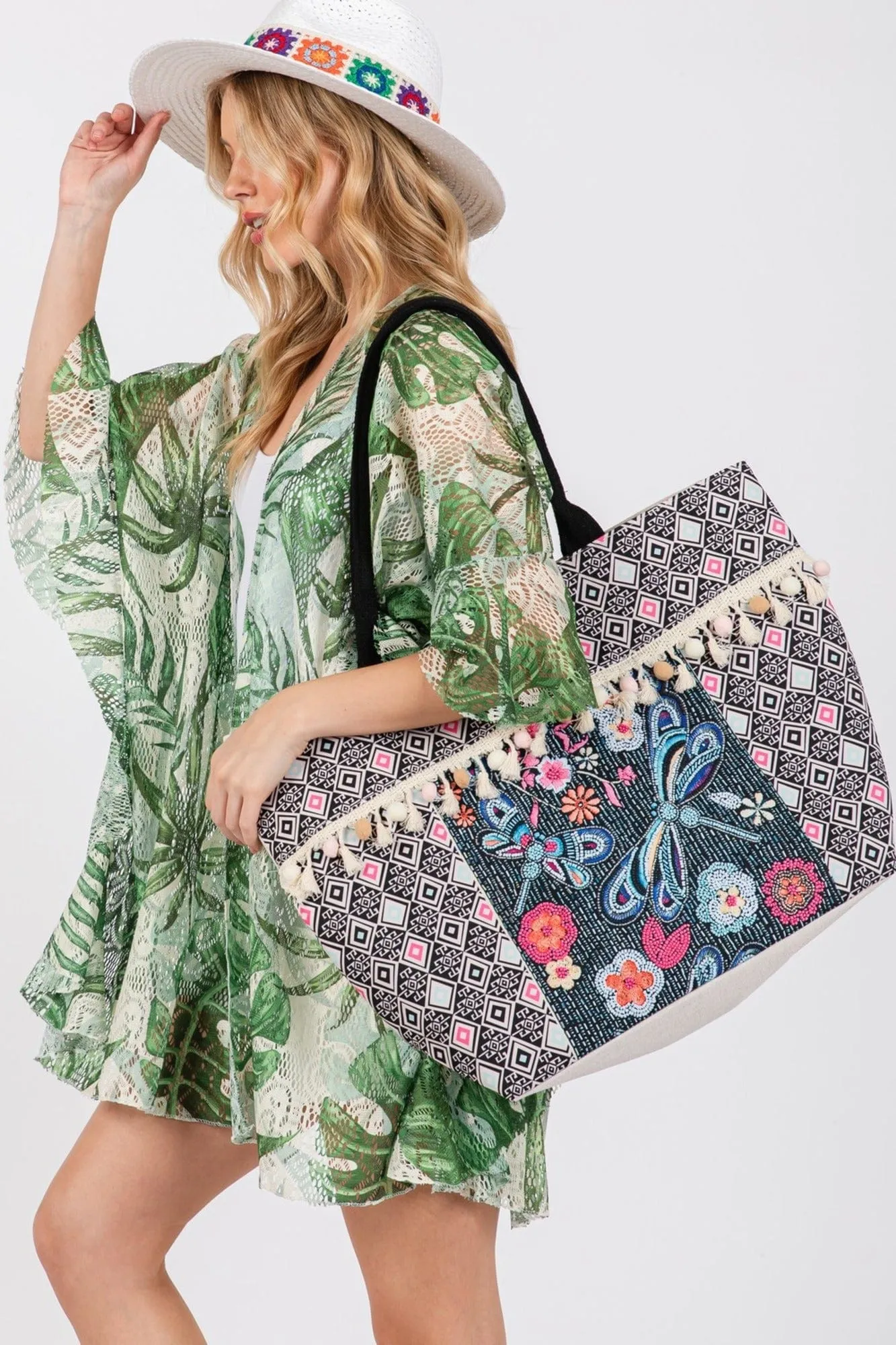 MB0248 Romina Boho Dragonfly Print Tassel Tote Bag