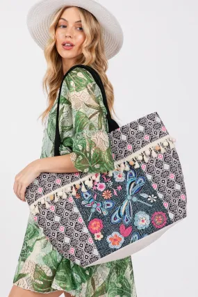 MB0248 Romina Boho Dragonfly Print Tassel Tote Bag