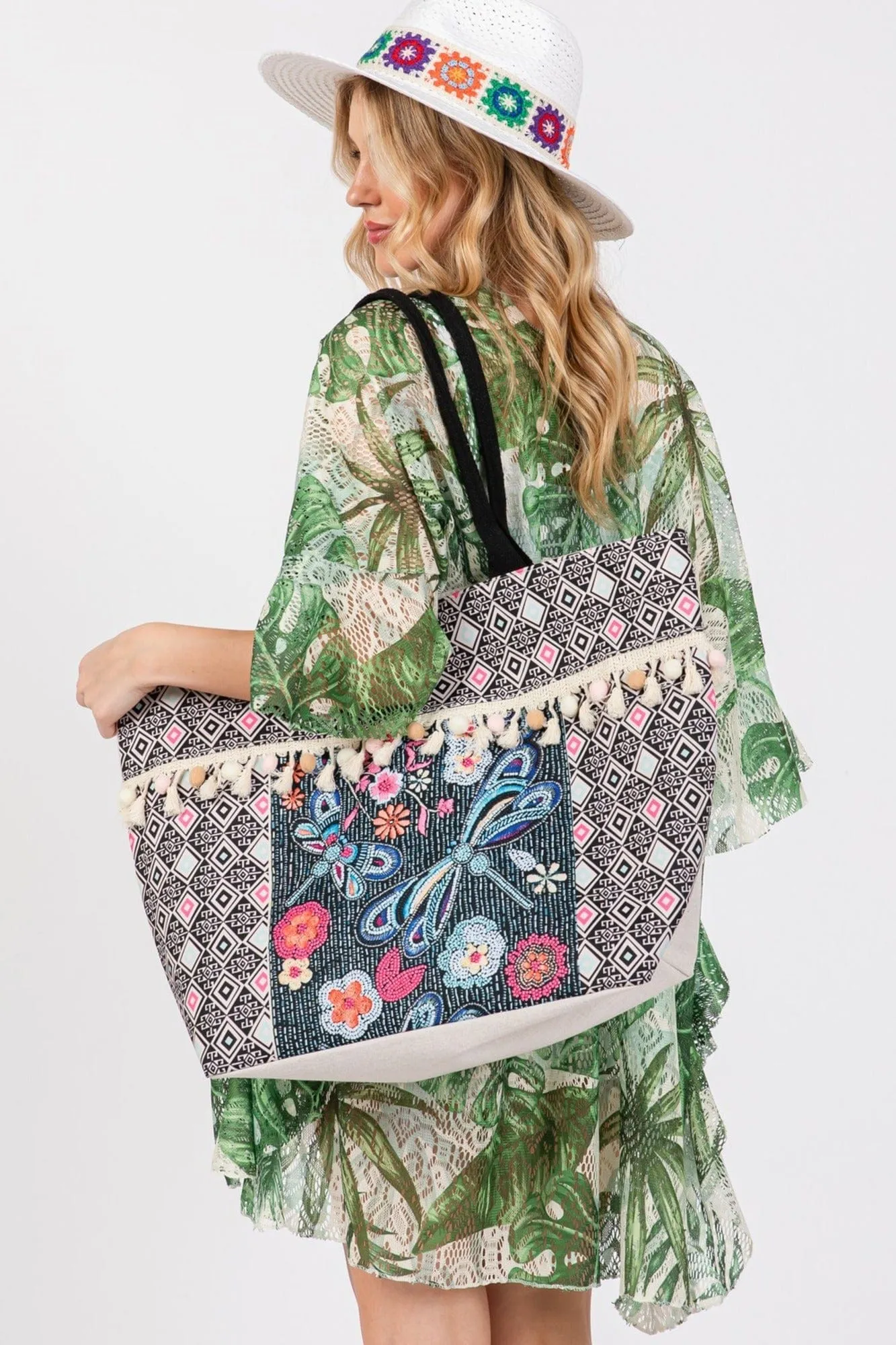 MB0248 Romina Boho Dragonfly Print Tassel Tote Bag