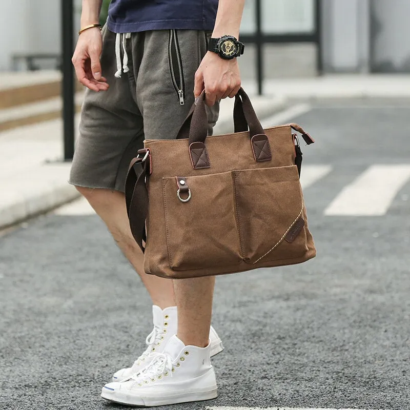 Men Canvas Multi-pocket Wear-resistant Crossbody Bags Retro Casual Large Capacity Zipper Shoulder Bag Handbag