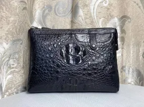 Mens Genuine Crocodile Skin Leather Clutch With Wrist Strap Black Bone Leather