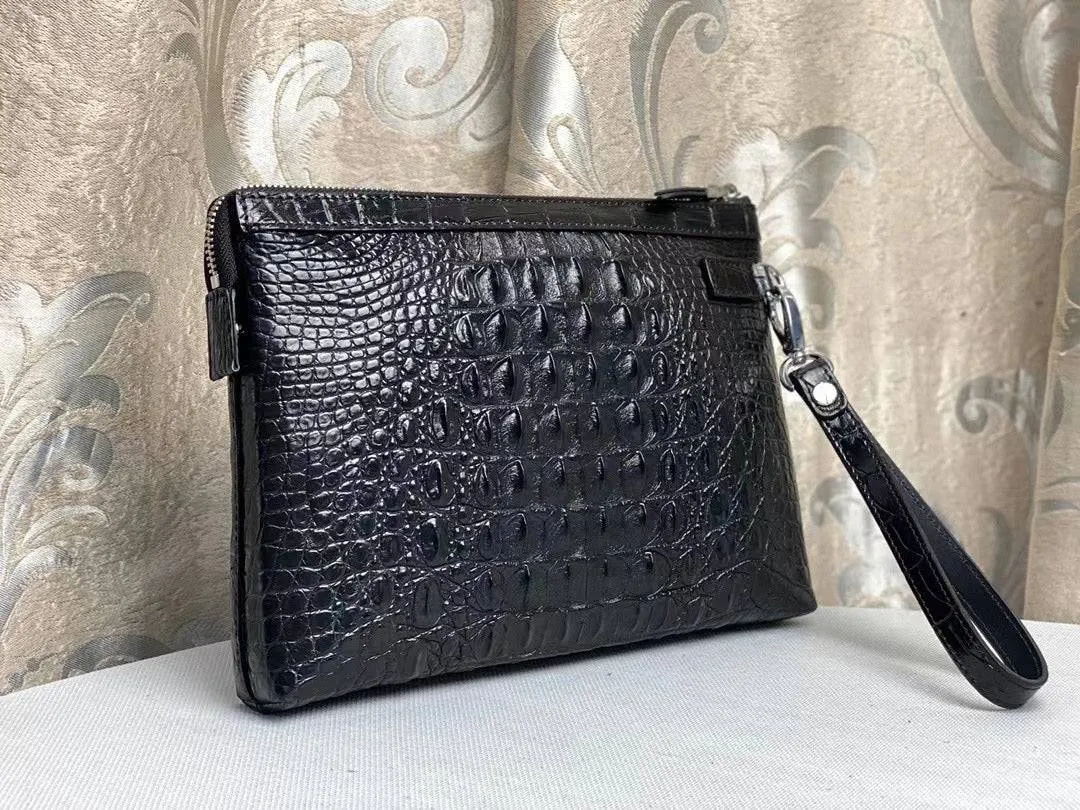 Mens Genuine Crocodile Skin Leather Clutch With Wrist Strap Black Bone Leather