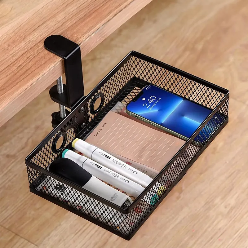 Mesh Desk Organizer with Clamp-on Swivel Pencil Drawer, having a hidden, sturdy C-Clamp mount system and easy installation.