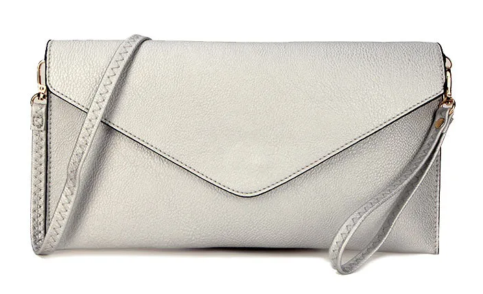 METALLIC SILVER OVER-SIZED ENVELOPE CLUTCH BAG WITH LONG CROSS BODY AND WRISTLET STRAP