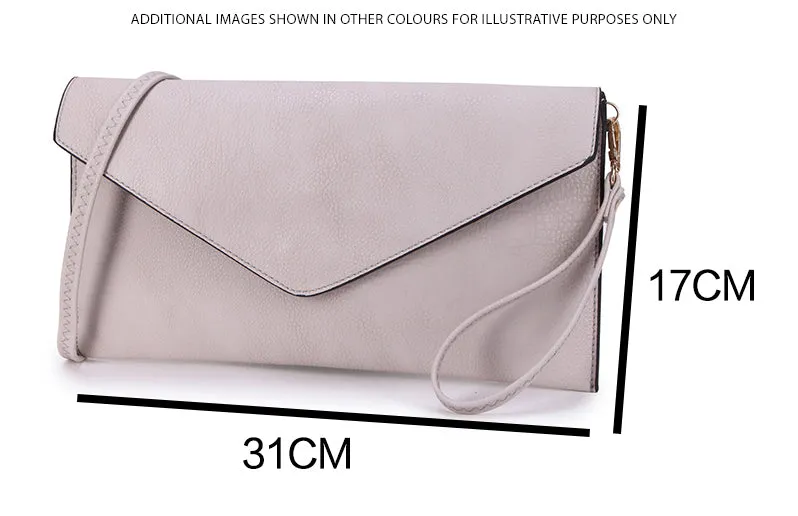 METALLIC SILVER OVER-SIZED ENVELOPE CLUTCH BAG WITH LONG CROSS BODY AND WRISTLET STRAP